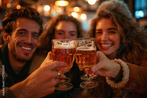 young people toasting beer in a group of friends
