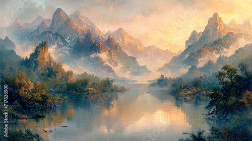 Sunset Serenade  A Mountainous Oasis Generative AI