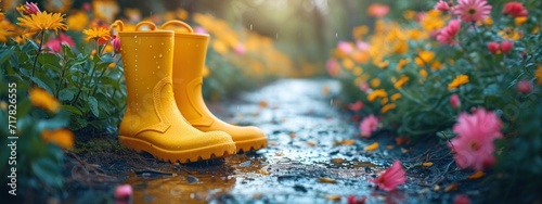 yellow wet boots on the path bordering colorful flowering bushes