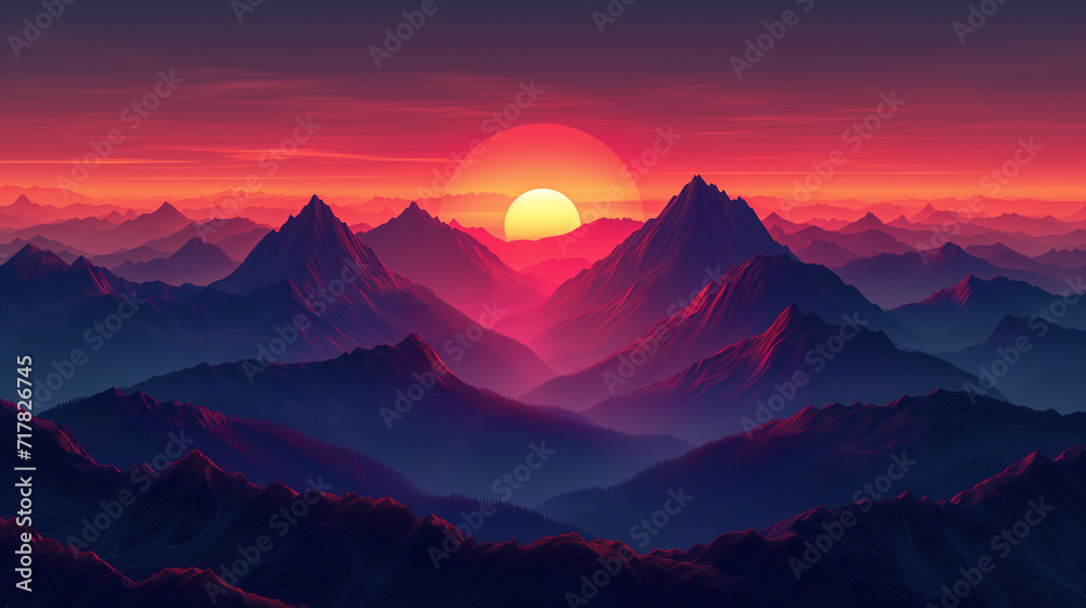 Obraz premium Breathtaking Sunset Over Majestic Mountains: Witness the Vibrant Colors and Stunning Peaks