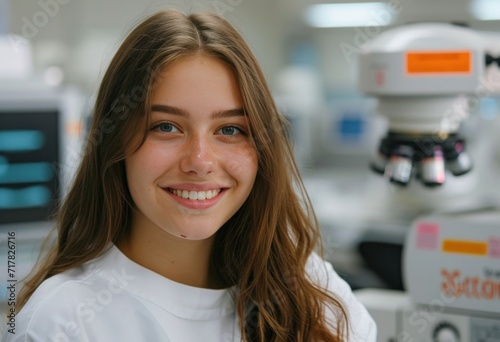 young female cyborg cspan woman in laboratory setting