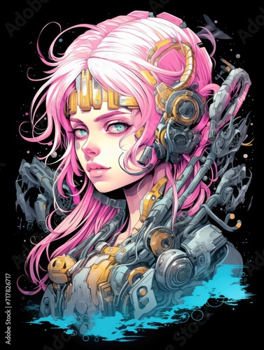 Mecha samurai Necro, Demon, skull, evil, hell, anime girl, illustration. Print for T-shirts and poster
