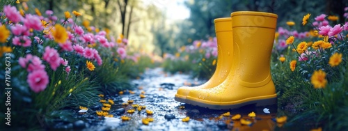 yellow rain boots stands on a pathway full bloom of flowers