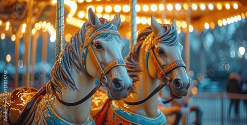 two horses on a carousel in the city, © olegganko