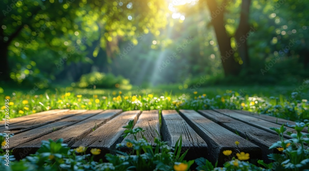 wooden table in green grass and flowers wooden table in green grass and flowers