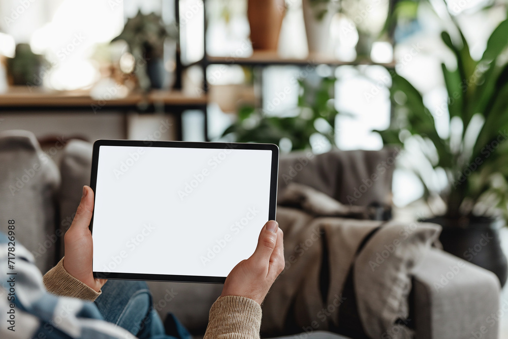 cropped view of man holding digital tablet with blank screen at home cropped view of man holding digital tablet with blank screen at home