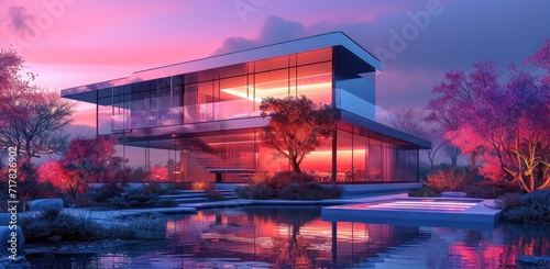 the futuristic modern glass and metal house is lit up with neon colored lights