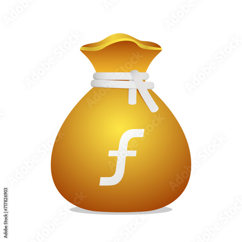 Golden bag Netherlands Antillean Guilder currency symbol. 3D Illustration of a bag with money.