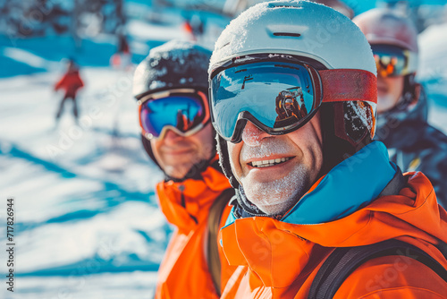 Ski instructor learning to ski two beginners. Smiling, portrait. Professional ski instructor is teaching to ski on a sunny day on a mountain slope resort.