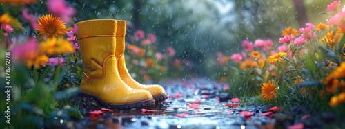yellow wet boots on the path bordering colorful flowering bushes
