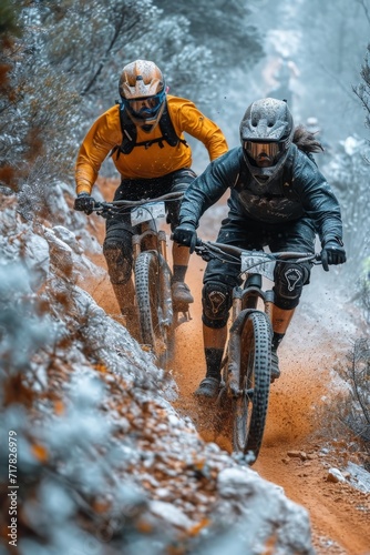 Two mountain bike riders at a mountain bike cross-country competition in the mountains