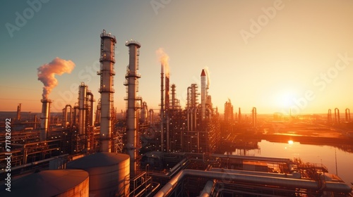 Aerial view of an oil refinery Oil and petrochemical storage plants.Chemical factory in the city during sunset