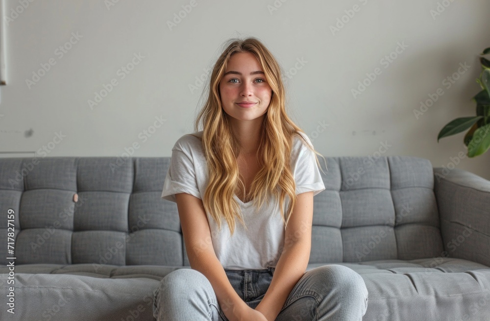 young woman sitting on an gray couch young woman sitting on an gray couch