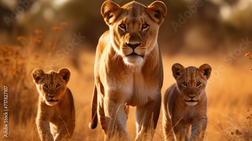 African lioness with her cubs in the grassland area of the national park.