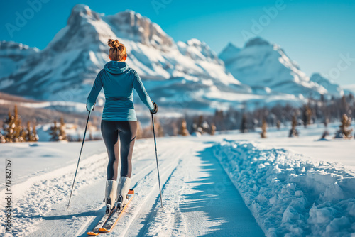 Woman Cross country skiing. Mountains in background, little blurred. Blue sky. Ski touring in alpine landscape with snowy trees. Adventure winter sport