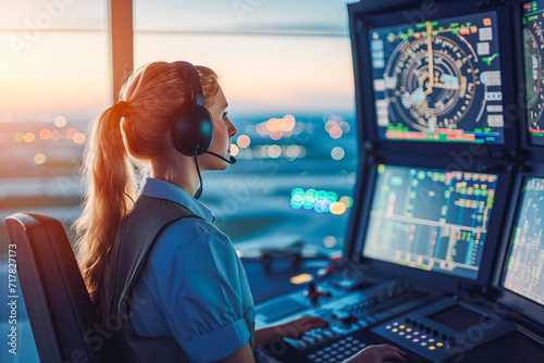 Woman working as air traffic controller in airport control tower. Women is waiting to tell the pilot of the plane that it can land safely. photo