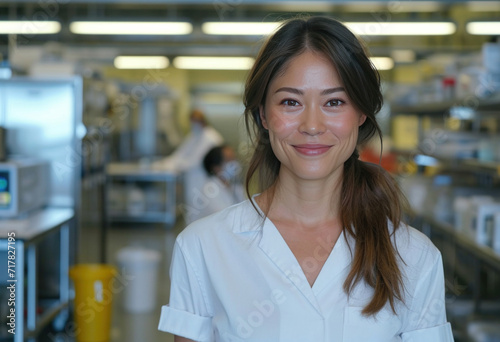 woman lab worker standing in the laboratory and smiling worker