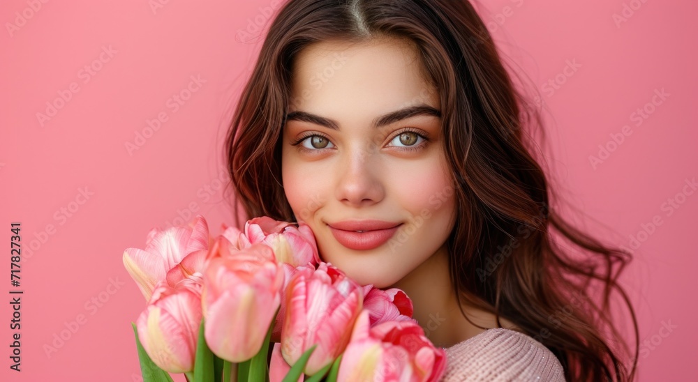 young beautiful woman holding beautiful bouquet of tulips young beautiful woman holding beautiful bouquet of tulips