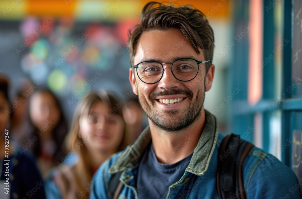 young male teacher standing in front of students