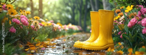 yellow rain boots stands on a pathway full bloom of flowers