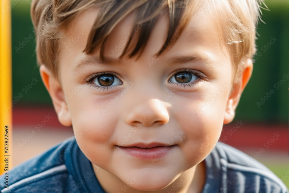 Close-up portrait of a little boy engaged in outdoor play at school or kindergarten playground Close-up portrait of a little boy engaged in outdoor play at school or kindergarten playground