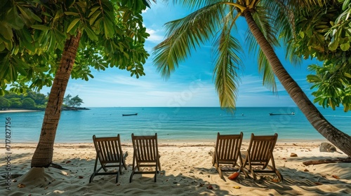 Beautiful beach with chairs on the sand near the sea, tropical landscape