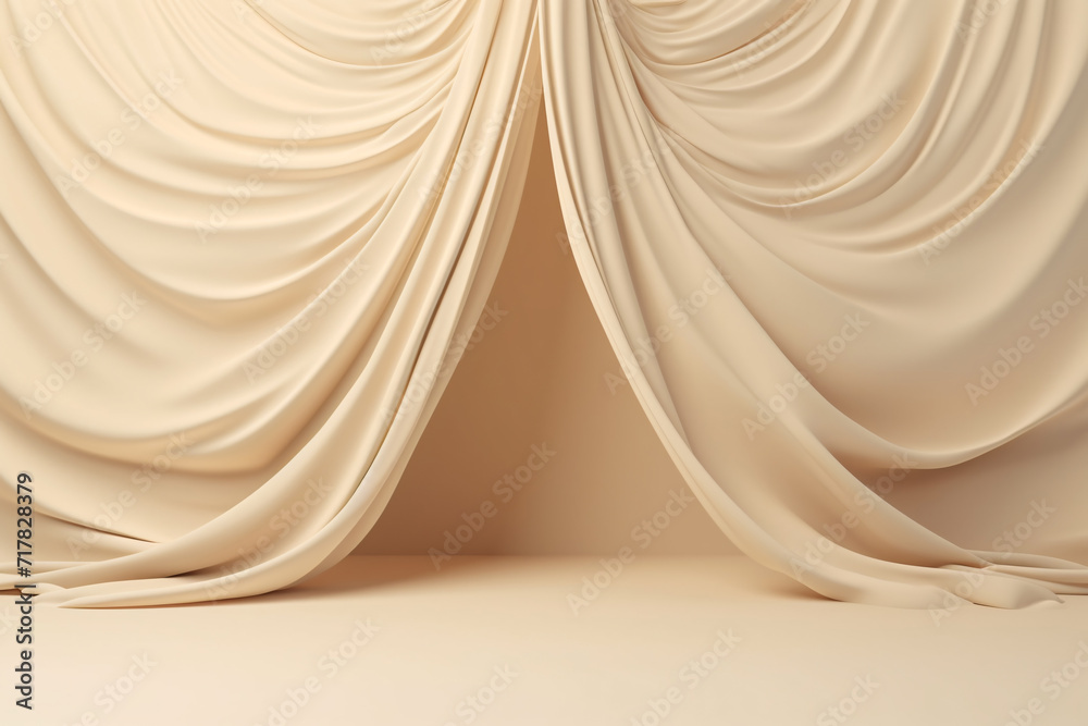 3D Display Podium on Beige Background, Flying Beige Silk Cloth Curtain, Product Showcase Mockup 3D Display Podium on Beige Background, Flying Beige Silk Cloth Curtain, Product Showcase Mockup
