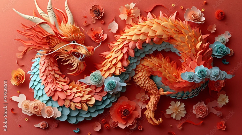 Naklejka premium Dragon of Love: A Paper Artwork Celebrating Lunar New Year Generative AI