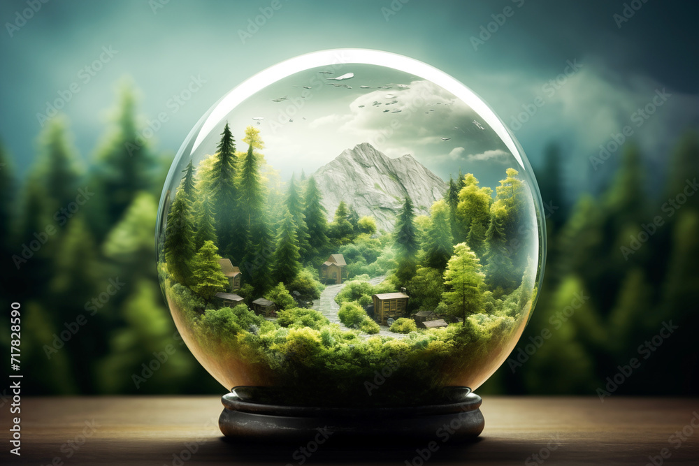 Crystal Earth On Soil In Forest With Ferns And Sunlight - Environment, save clean planet, ecology concept. green earth with clean energy icon standing on eco friendly icon Crystal Earth On Soil In Forest With Ferns And Sunlight - Environment, save clean planet, ecology concept. green earth with clean energy icon standing on eco friendly icon