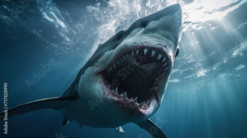 Bottom view of an ocean shark from below. Opening a dangerous mouth with many teeth photo