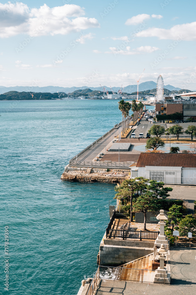 View of Shimonoseki Kanmon Straits and Karato market park in Yamaguchi, Japan