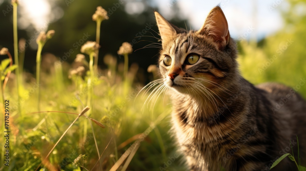 Cat looking sideways in nature, close-up,