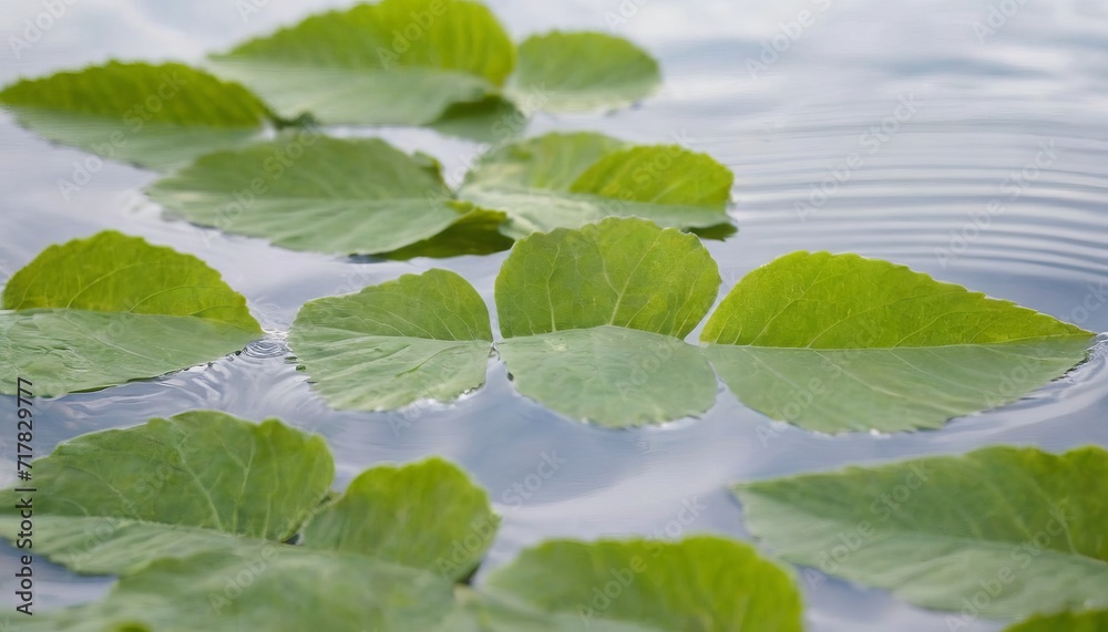 water and green leaves background, top view. Concept background for beauty, layout, cosmetics, spa and wellness center.