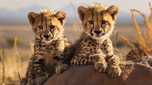 Cheetah brothers on the rocks in the savannah photo