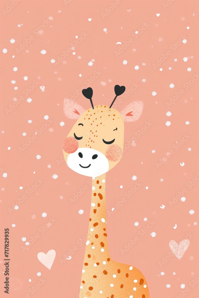 Naklejka premium A joyful giraffe with a pink hearts, spreading love and cheer.