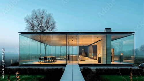 A contemporary farmhouse with glass walls, the interior of which blends in perfectly with the surroundings