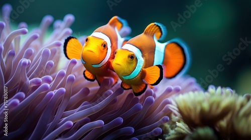 Close-up of the front of two clownfish in a sea anemone.