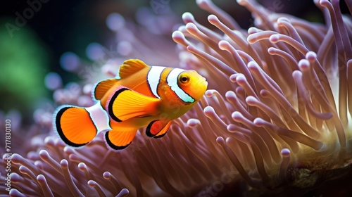 Close-up of the front of two clownfish in a sea anemone.
