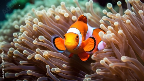 Close-up of the front of two clownfish in a sea anemone. © venusvi