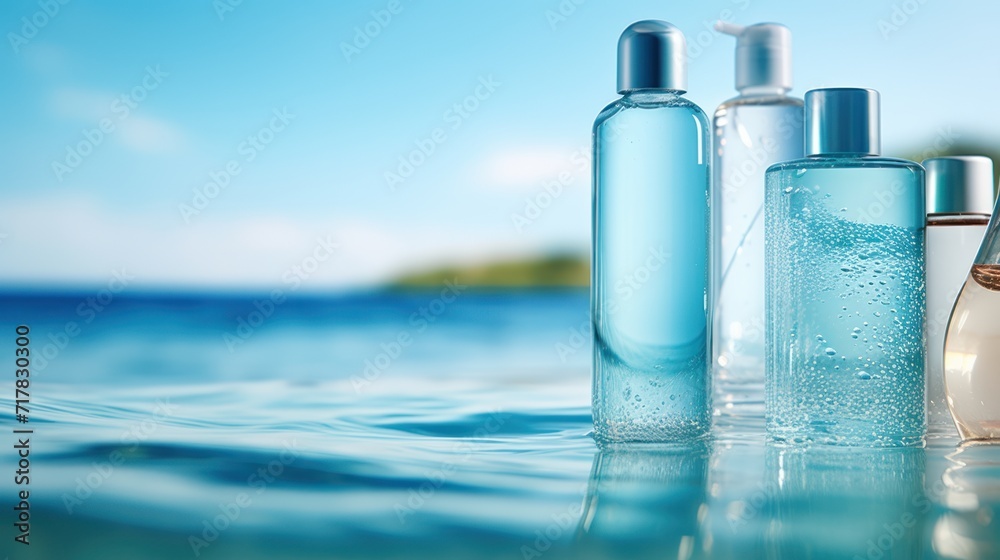 Closed bottles and containers of body care cosmetics on bright water wave background. Closed bottles and containers of body care cosmetics on bright water wave background.