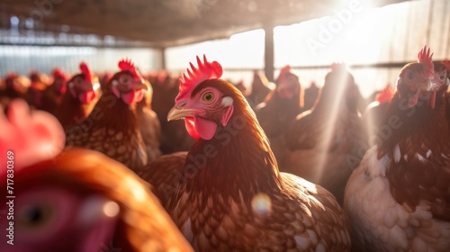 Closeup of laying hens in a modern industrial farm cage. photo