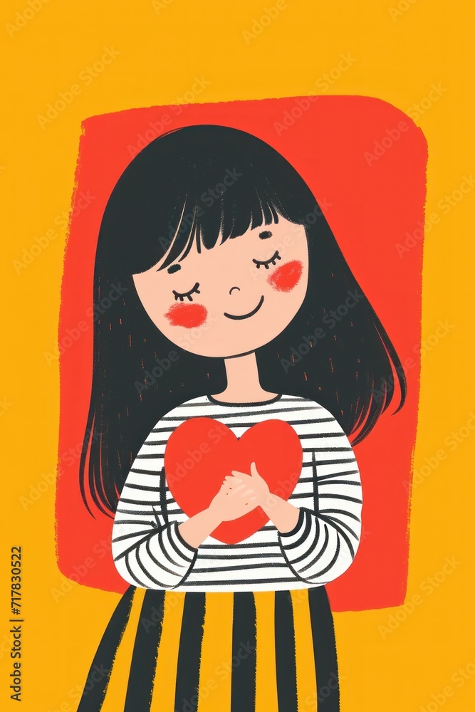 Capture the charm of a girl joyfully holding a bright red heart in this illustration.