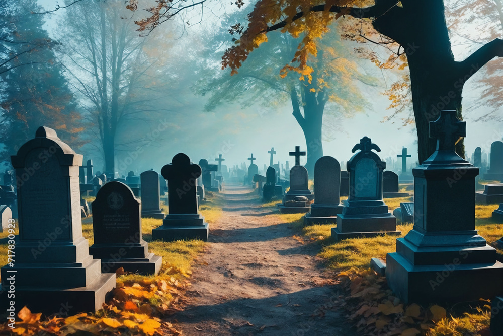Colorful fantasy cemetery, supernatural eccentric burial ground tombstones graveyard Colorful fantasy cemetery, supernatural eccentric burial ground tombstones graveyard