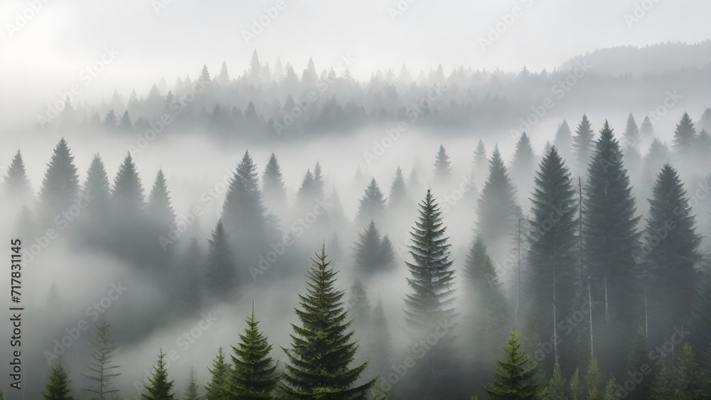 Misty morning in the mountains. Beautiful view of  forest