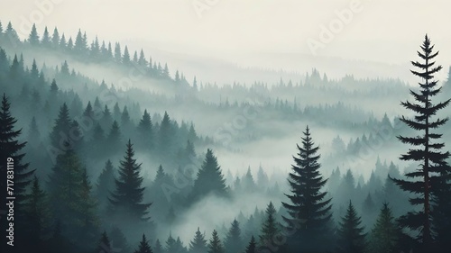 Misty morning in the mountains. Beautiful view of forest
