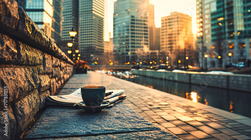 Morning Coffee in the City: Close-up of a Cup on a Cafe Table, Symbolizing Urban Lifestyle and Relaxation photo