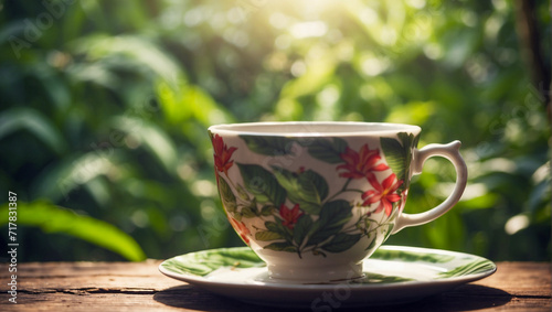 closeup of a tea cup on the wooden table. Blurry nature background