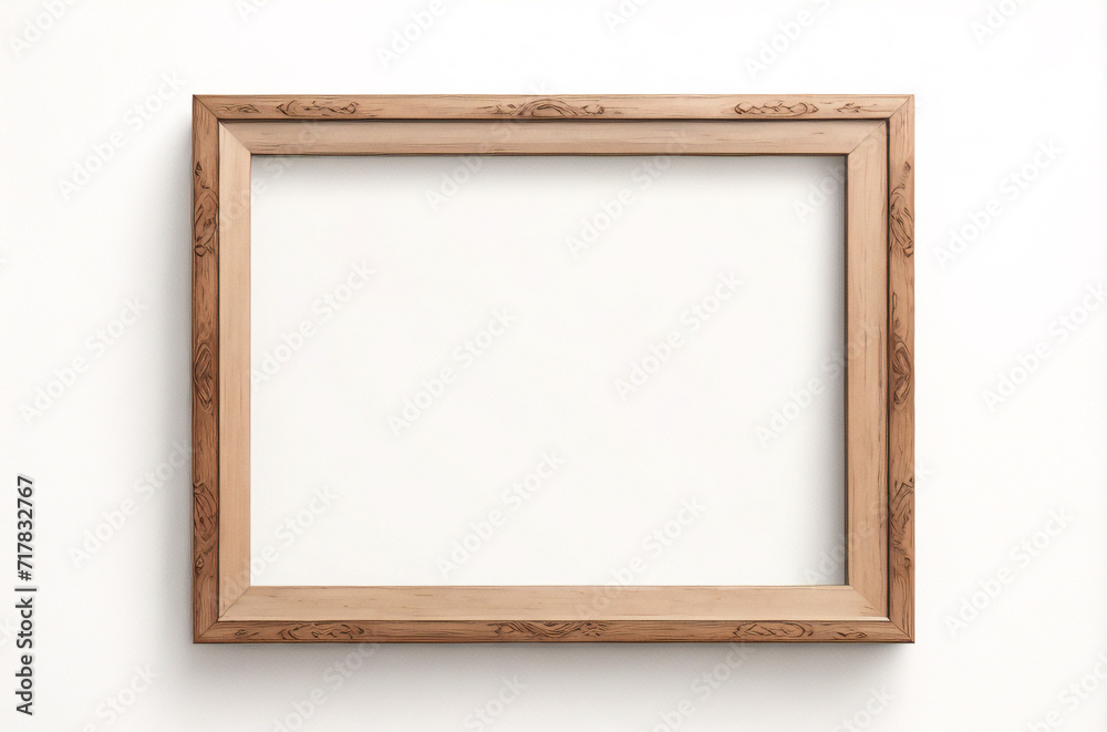 Marco vertical rectangular fino de madera clara colgado en una pared con textura blanca, plano, vista superior, ilustración 3D. Marco vertical rectangular fino de madera clara colgado en una pared con textura blanca, plano, vista superior, ilustración 3D.