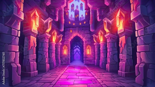 cartoon illustration Dungeon. haunting yet mesmerizing view of a long, medieval castle corridor.