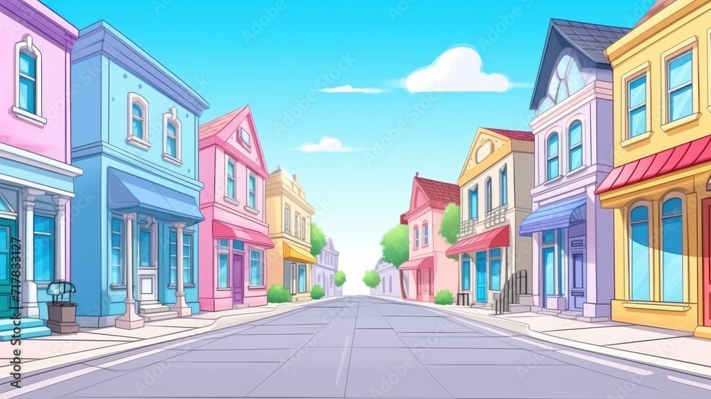 cartoon illustration lively and colorful city street.